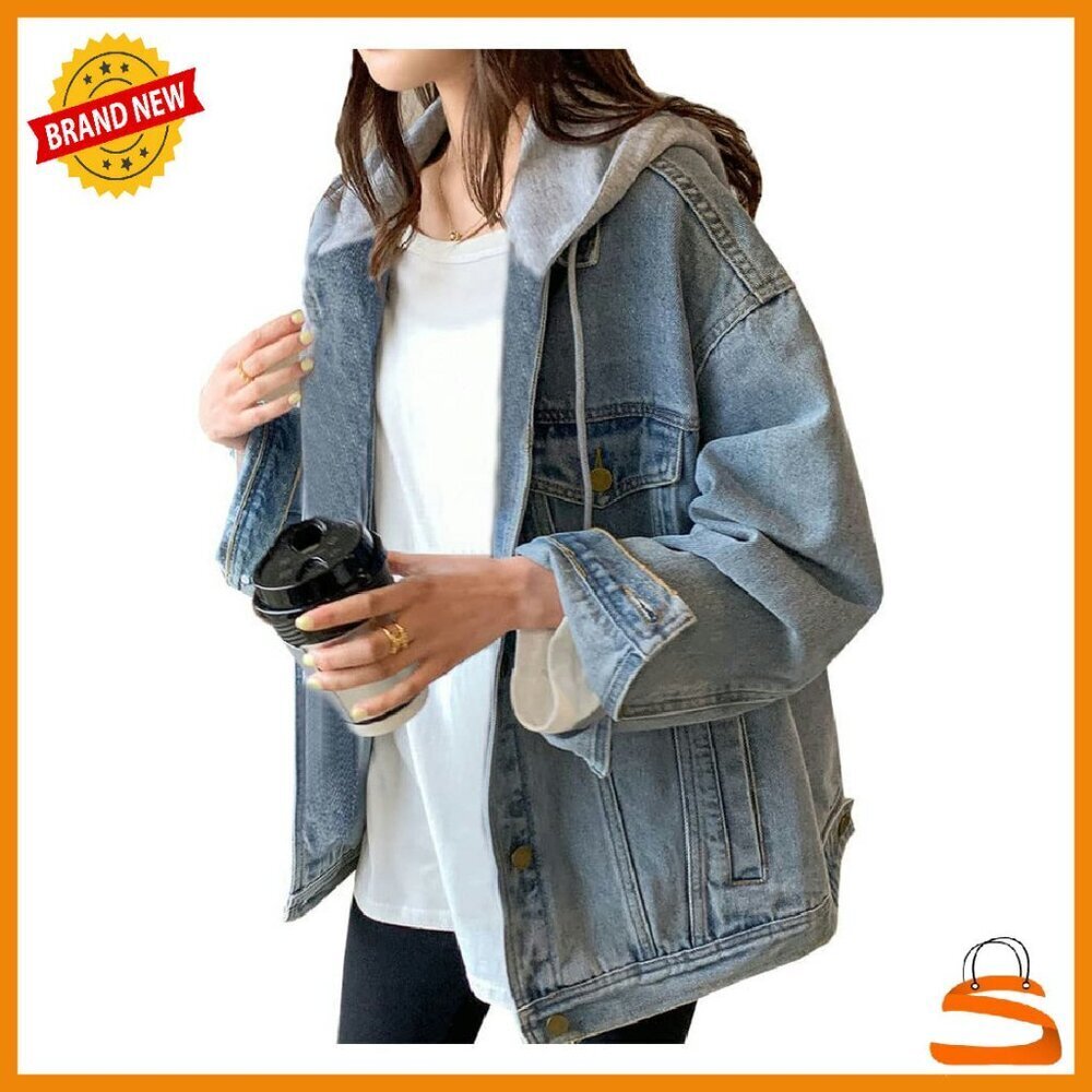 Oversized Distressed Denim Jacket with Hood, 3/4 Sleeve, Cotton Blend